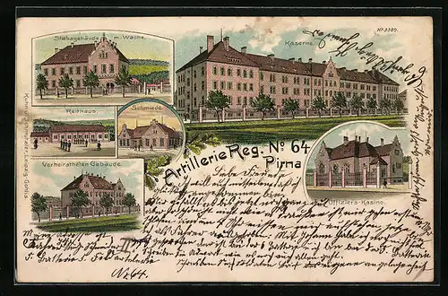 Lithographie Pirna, Artillerie Reg. N. 64 mit Reithaus und Schmiede