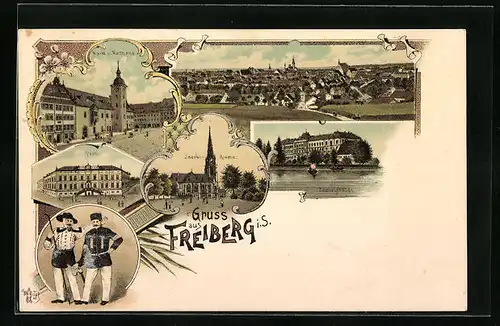 Lithographie Freiberg i. S., Justizgebäude, Neues Rathaus und Post