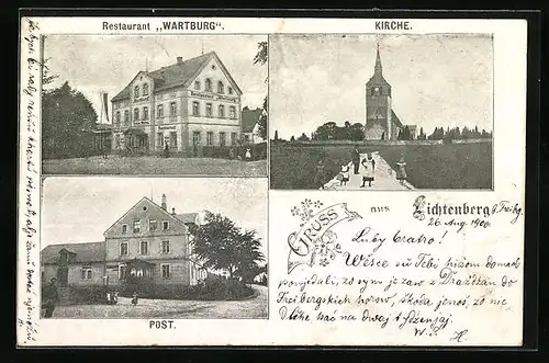 AK Lichtenberg / Erzgebirge, Restaurant Wartburg, Kirche und Post