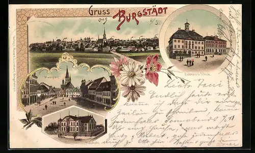Lithographie Burgstädt i. S., Marktplatz mit Rathaus und Turnhalle