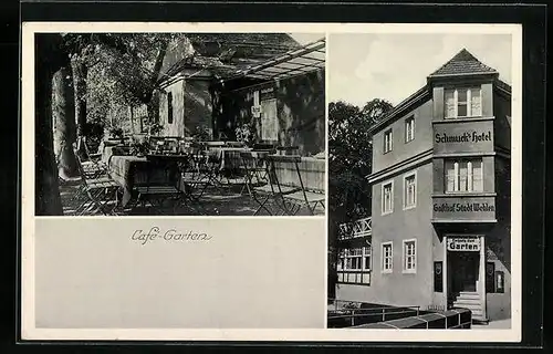 AK Stadt Wehlen a. d. Elbe, Schmucks Hotel und Gasthof Stadt Wehlen mit Café-Garten