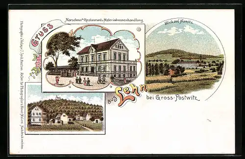 Lithographie Lehn b. Gross-Postwitz, Marschners Restaurant und Materialwarenhandlung, Mönchswalder Berg, Hanitz