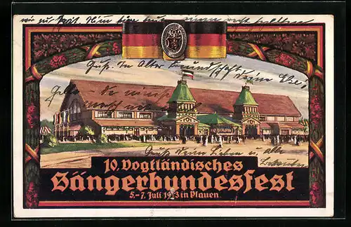 Künstler-AK Plauen, 10. Vogtländisches Sängerbundesfest 1913, Gasthaus mit Menschenmassen