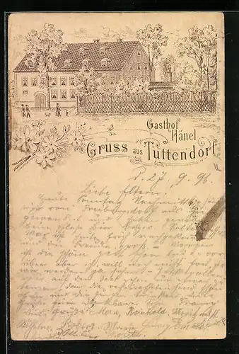 Lithographie Tuttendorf, Gasthof Hänel mit Gästen