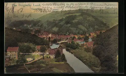AK Unterburg a. d. Wupper, Gesamtansicht mit Fluss und Berglandschaft