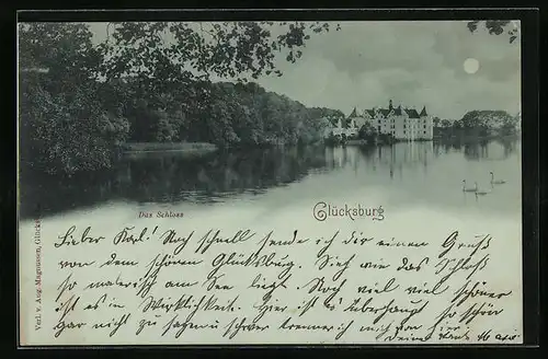 Mondschein-AK Glücksburg, Das Schloss bei Nacht