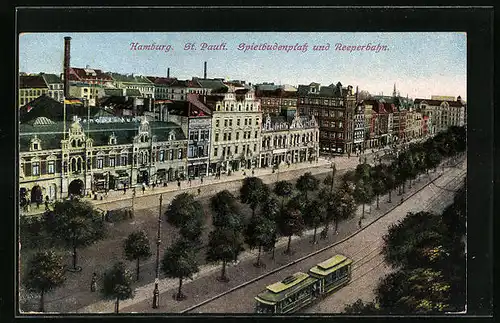 AK Hamburg, St. Pauli, Spielbudenplatz und Reeperbahn mit Strassenbahn