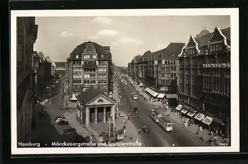 AK Hamburg, Mönckebergerstrasse und Spitalerstrasse mit Strassenbahn