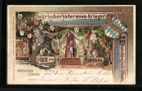 Lithographie München, 25. Bundesjubiläum Bayrischer Veteranen-Krieger - Bühne mit Darsteller