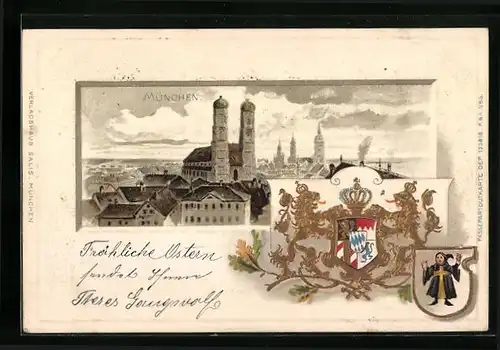 Passepartout-Lithographie München, Teilansicht, Wappen, Münchener Kindl