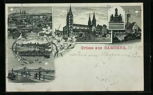 Mondschein-AK Bamberg, Teilansicht, Dom und alte Hofhaltung, Luitpold Brücke