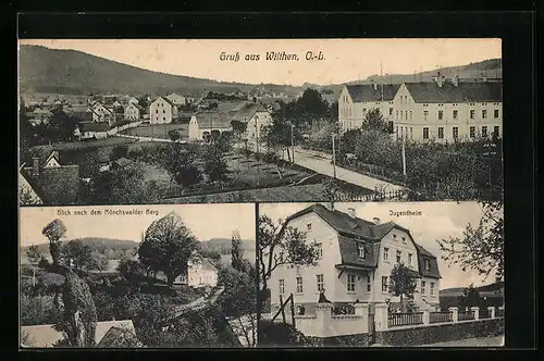 AK Wilthen /O.-b., Teilansicht mit Strasse, Blick nach Mönchswalder Berg, Jugendheim