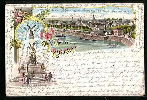 Lithographie Ruhrort, Ortsansicht, Kaiser-Wilhelm-Denkmal