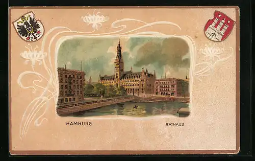 Passepartout-Lithographie Hamburg, Rathaus vom Wasser aus, Wappen