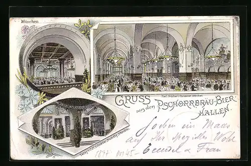 Lithographie München, Gasthaus Pschorrbräu-Bierhallen - Innenansichten