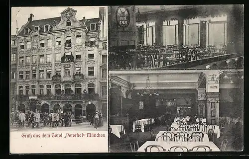 AK München, Hotel Peterhof - Aussenansicht mit Droschken, Innenansichten