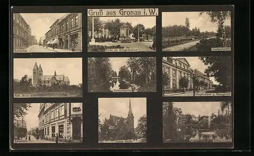 AK Gronau i. W., Kath. und Ev. Kirche, Bahnhofstrasse, Stadtparkpartie