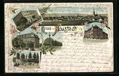 Lithographie Neustadt i. S., Schule, Kaiserliche Post, Urigerberg, Kgl. Amtsgericht