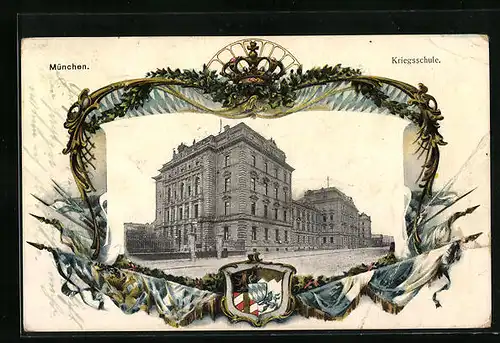 Passepartout-AK München, Kriegsschule in der Strassenansicht