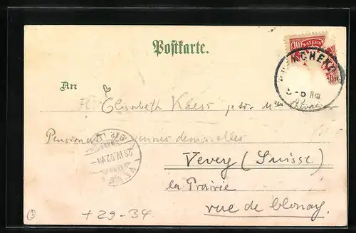 Passepartout-Lithographie München, Passanten am Künstlerhaus, Weinblatt