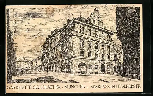 Künstler-AK München, Gasthaus Scholastika in der Sparkassen-Ledererstrasse