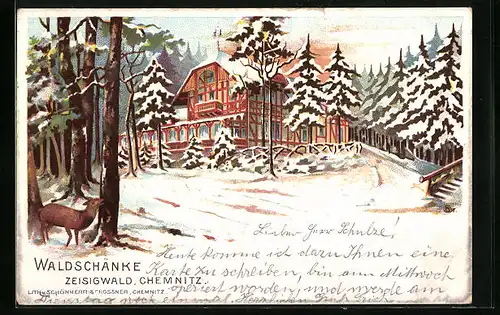 Winter-Lithographie Chemnitz, Gasthof Waldschänke Zeisigwald