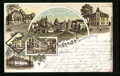 Lithographie Warmbad b. Wolkenstein, Badehaus mit Brunnen, Lindengarten, Lärchenhof, Badmühle