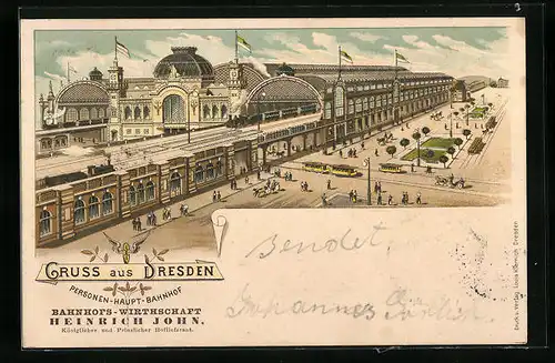 Lithographie Dresden, Blick auf den Hauptbahnhof aus der Vogelschau