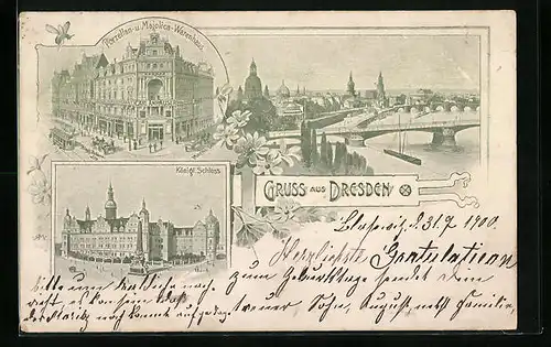 Lithographie Dresden, Porzellan- u. Majolica-Warenhaus, Königl. Schloss