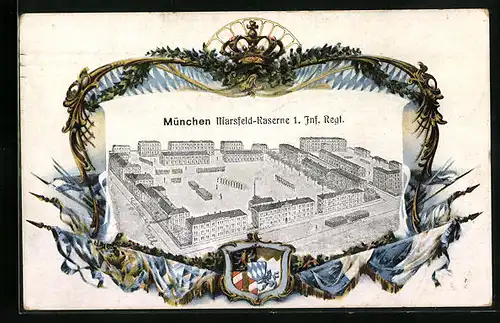 Passepartout-Lithographie München, Marsfeld-Kaserne 1. Inf.-Regt. aus der Vogelschau