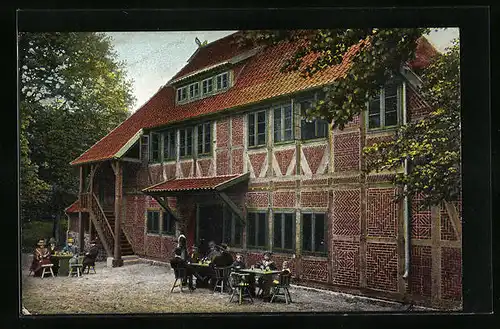 AK Wilsede, Gasthof zum Heidemuseum mit Terrasse
