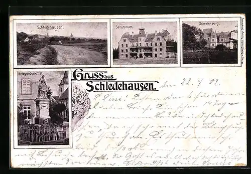 AK Schledehausen, Ortsansicht mit Sanatorium und Scheelenburg