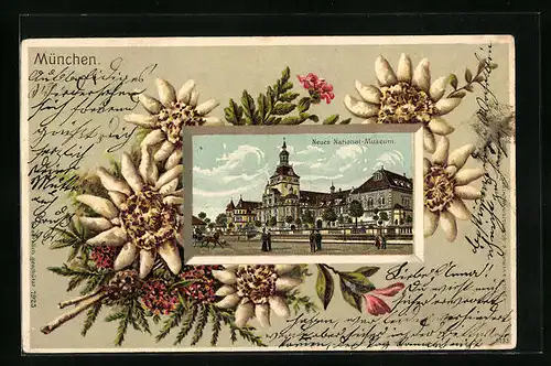 Passepartout-Lithographie München, Ansicht des Nationalmuseum im Edelweiss-Rahmen