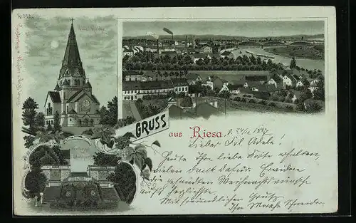 Mondschein-Lithographie Riesa, Ortsansicht mit Stadtpark