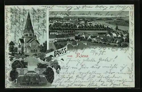 Mondschein-Lithographie Riesa, Ortsansicht mit Stadtpark