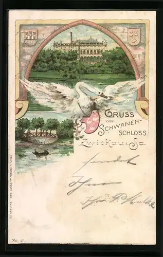 Lithographie Zwickau i. Sa., Frontalansicht des Schwanenschlosses