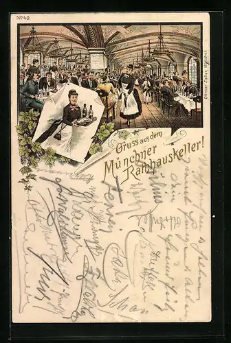 Lithographie München, Restaurant Rathauskeller mit Schankmaid