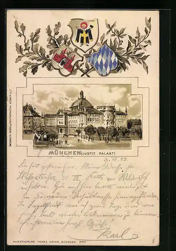 Passepartout-Lithographie München, Blick auf den Justizpalast, Wappen