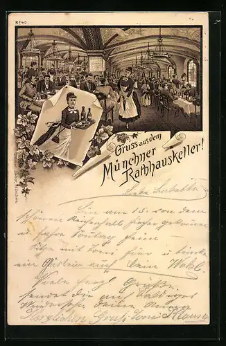 Lithographie München, Restaurant Rathauskeller mit Schankmaid