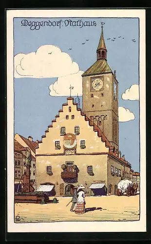 Steindruck-AK Deggendorf, Passanten am Rathaus