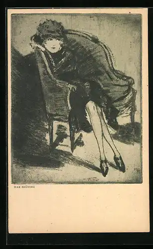 Künstler-AK Max Brüning: Elegante Dame mit Hut lehnt in einem Sessel