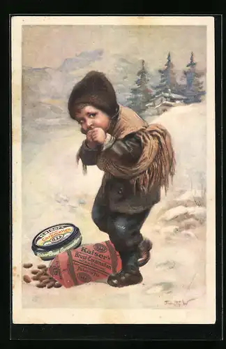 Künstler-AK Kind im Schnee isst Karamell, Kaisrovy 3 Jedlove 3 Prsni Karamely