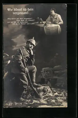 Foto-AK Soldat träumt von seiner Liebsten: Wie könnt ich dein vergessen!