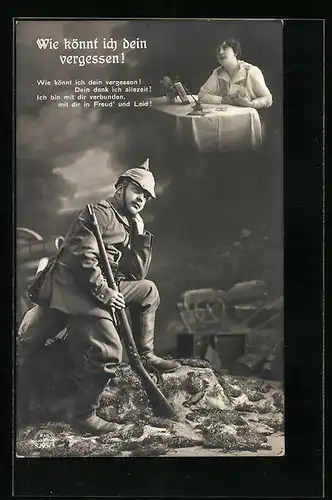 Foto-AK Soldat in Felduniform träumt von seiner Liebsten
