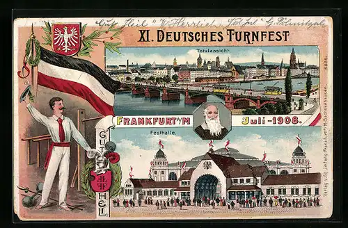 Künstler-AK Hamburg, XI. Deutsches Turnfest 1908, Festhalle, Turner mit Fahne, Totalansicht