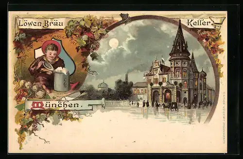 Lithographie München, Gasthaus Löwenbräu-Keller bei Mondschein, Münchner Kindl mit Bierkrug