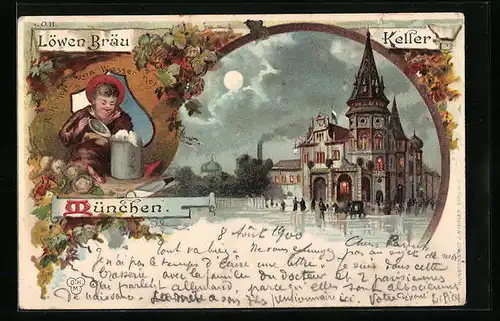 Lithographie München, Gasthaus Löwenbräu-Keller bei Mondschein, Münchner Kindl mit Bierkrug