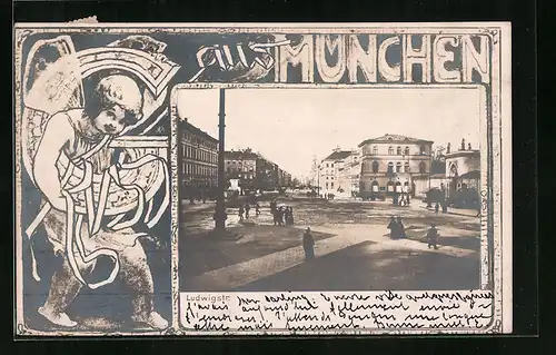 AK München, Ludwigstrasse mit Passanten