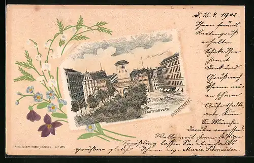 Präge-Lithographie München, Isartorplatz in Briefmarke mit Blumen, Passepartout