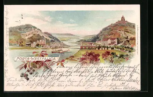 Lithographie Porta-Westfalica, Wittekindsberg mit Denkmal